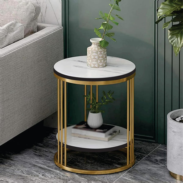 Cylindrical - Metal Double Top Side Table, End Table for Living Room Coffee Snack Table for for Living Room Bedroom | Night Stand Table for Bedroom Furniture (Golden & White)