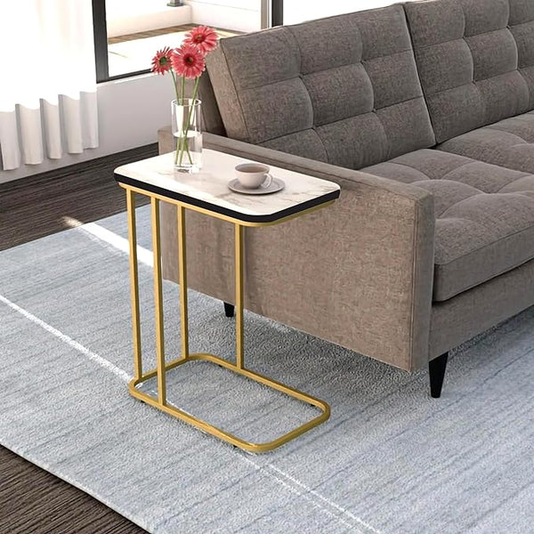 Elegant - Metal Side Table for Living Room, Sofa Side Table | Wooden Night Stand Table for Bedroom Furniture | Coffee Table with Golden Legs Home Decor (Golden & White)
