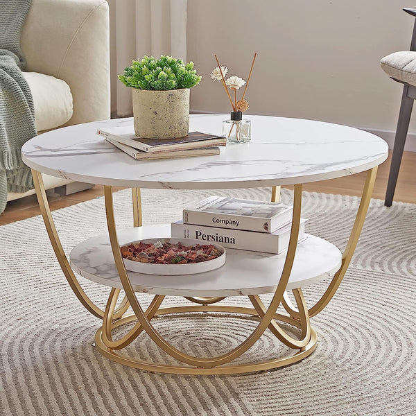 Gyro - Round Coffee Table Modern Sofa Side Table for Living Room End Table Telephone Table with 2 Shelf Storage Wooden Tabletop Teapoy -Marble White Print with Gold Frame.
