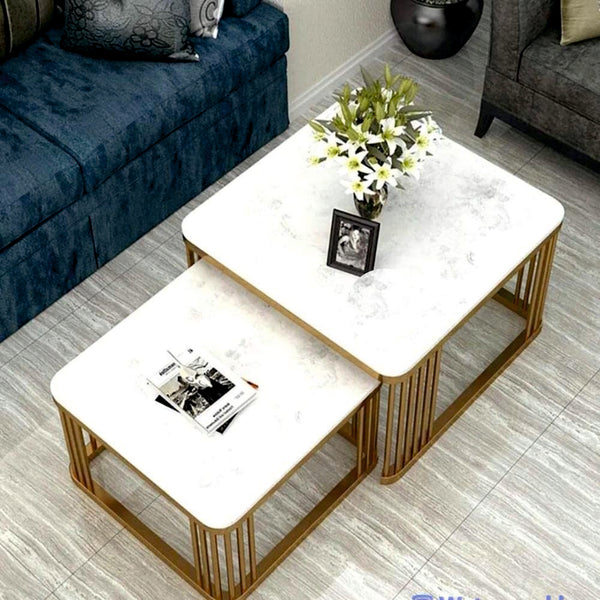 Nesting - Iron Frame Handmade Square 20"x20" Coffee Table/Nesting Table/Side Table/Center Table with Marble MDF White Top for Living Room/Drawing Room/Balcony Gold (White) (Set of 2)