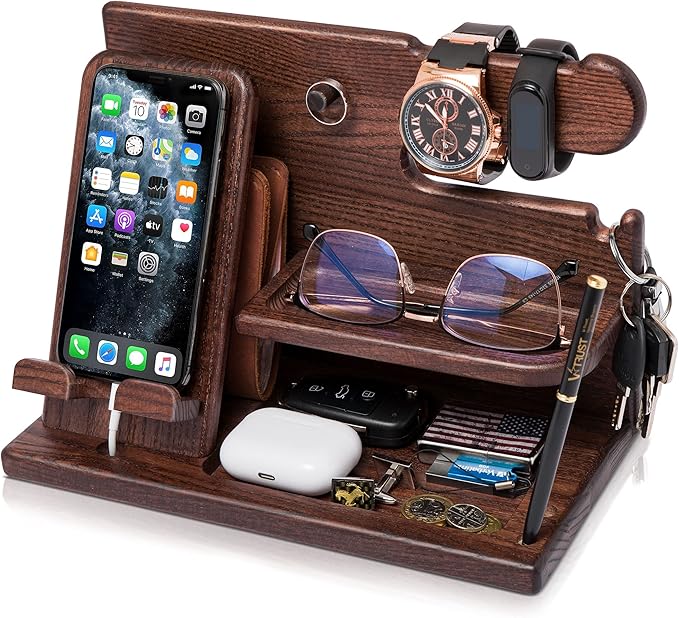 Multifunctional Wooden Desk Organizer with Docking Stand