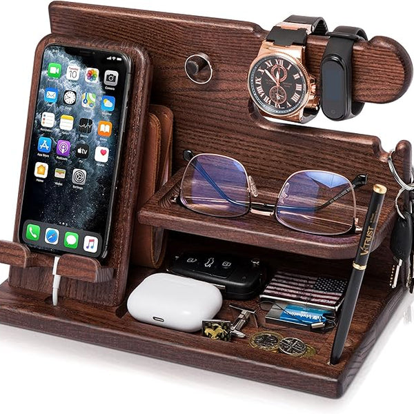 Multifunctional Wooden Desk Organizer with Docking Stand