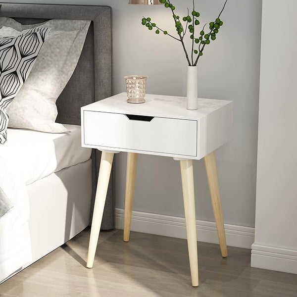 Drawer Nightstands End Side Table with Drawer and Solid Wood Legs, Bedside Table for Bedrooms, Mid-Century Modern Drawer Storage Cabinet for Living Room Furniture (White)