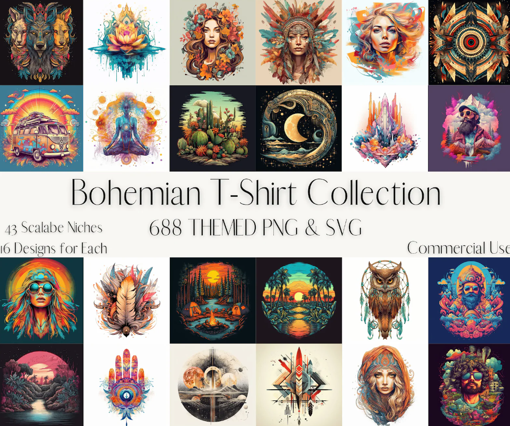Bohemian T-Shirt Design Bundle: 688 Premium SVG & PNG Designs, Boho Chic Themes, Ready-to-Use for Custom Apparel and DIY Projects, 43 Niches File
