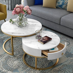 Chile - Modern Round Coffee Table Marbled Laminated Stacking Tea Table Set of 2 Center Table with 1 Drawer Storage for Living Room Bedroom (Gold and White)