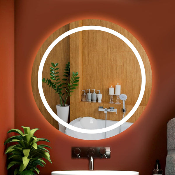 Round LED Wall Mirror for Bathroom,Wash Basin Mirror 3 LED Lights (Warm,White,Natural White, Size 24x24 Inch, Framed)