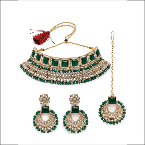 Enchanting Aura Necklace Classical Bridal Gold Plated Rani Pink Kundan & Beads Studded Choker Necklace Set For Women