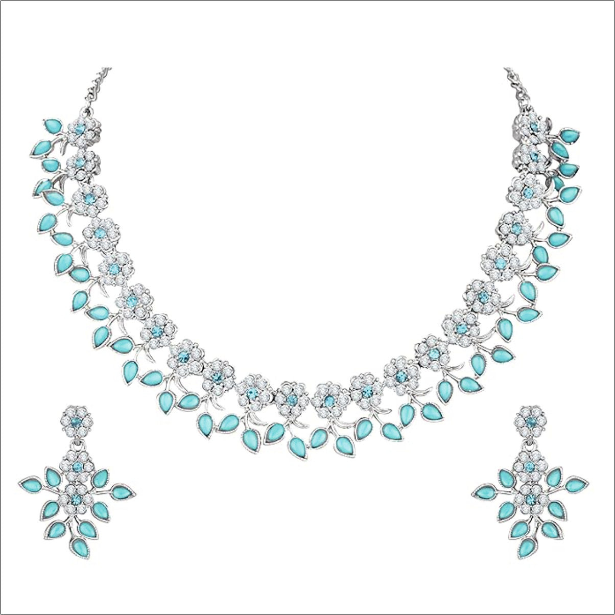 Divine Delight Silver Plated Crystal AD Diamond Necklace Jewellery Set with Earrings for Women and Girls Suits Best Party, Wedding and Any Occasions