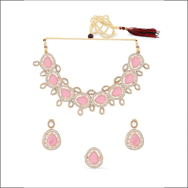 Radiant Reverie Necklace Pink Kundan & Austrain Diamonds Choker Necklace Earring & Ring Set For Women