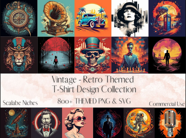 Vintage - Retro T-Shirt Design Bundle 800+ SVG & PNG Files, Antique, Nostalgic Niches, Bohemian Custom Apparel and DIY Projects Digital File