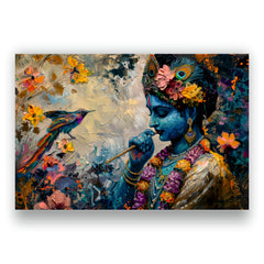 Colourful Lord Krishna with Flute - Canvas Wall Painting