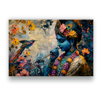 Colourful Lord Krishna with Flute - Canvas Wall Painting