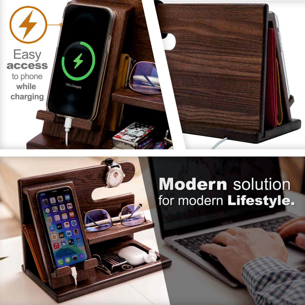 Multifunctional Wooden Desk Organizer with Docking Stand