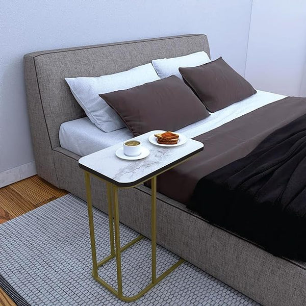 Elegant - Metal Side Table for Living Room, Sofa Side Table | Wooden Night Stand Table for Bedroom Furniture | Coffee Table with Golden Legs Home Decor (Golden & White)