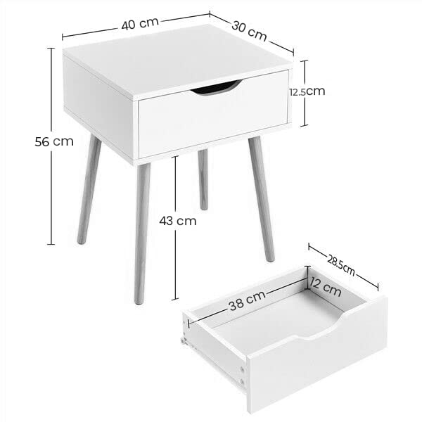 Drawer Nightstands End Side Table with Drawer and Solid Wood Legs, Bedside Table for Bedrooms, Mid-Century Modern Drawer Storage Cabinet for Living Room Furniture (White)