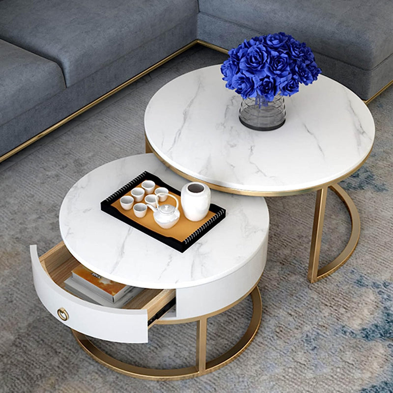 Chile - Modern Round Coffee Table Marbled Laminated Stacking Tea Table Set of 2 Center Table with 1 Drawer Storage for Living Room Bedroom (Gold and White)