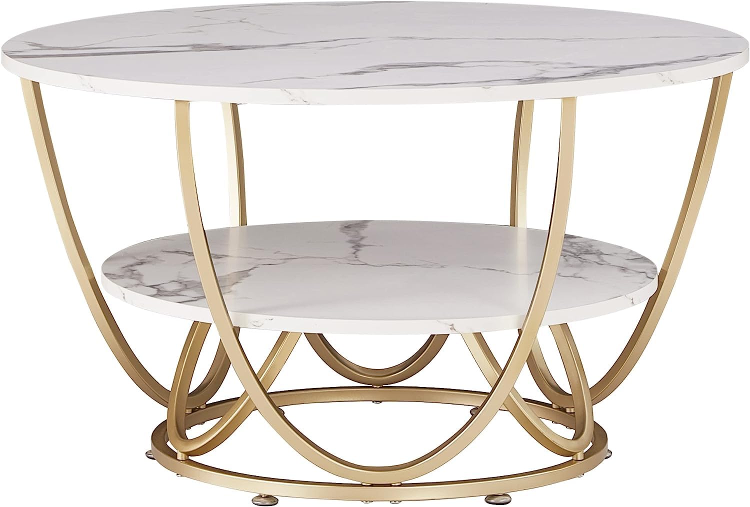 Gyro - Round Coffee Table Modern Sofa Side Table for Living Room End Table Telephone Table with 2 Shelf Storage Wooden Tabletop Teapoy -Marble White Print with Gold Frame.