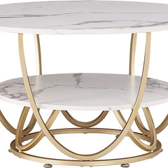 Gyro - Round Coffee Table Modern Sofa Side Table for Living Room End Table Telephone Table with 2 Shelf Storage Wooden Tabletop Teapoy -Marble White Print with Gold Frame.