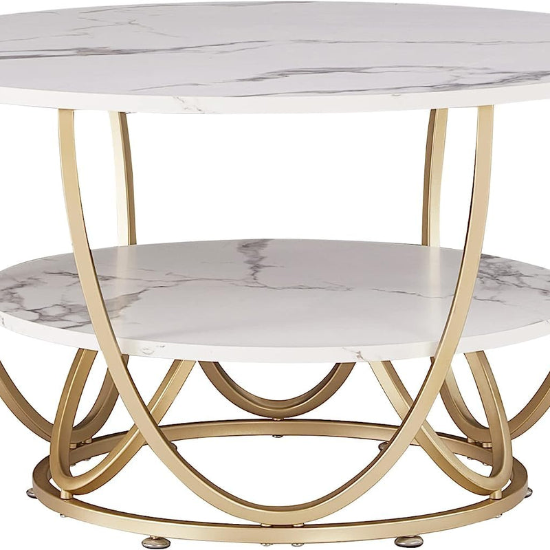 Gyro - Round Coffee Table Modern Sofa Side Table for Living Room End Table Telephone Table with 2 Shelf Storage Wooden Tabletop Teapoy -Marble White Print with Gold Frame.