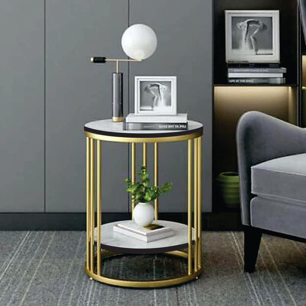 Cylindrical - Metal Double Top Side Table, End Table for Living Room Coffee Snack Table for for Living Room Bedroom | Night Stand Table for Bedroom Furniture (Golden & White)