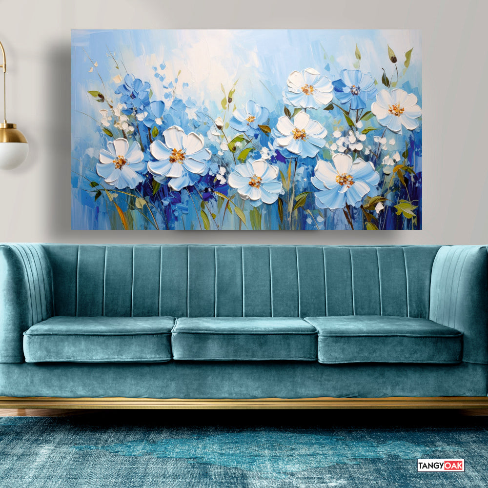 Blue and White Pastel Flower - Canvas Wall Painting Frame