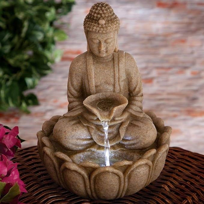 Kamal Buddha/Lotus Buddha Stone Look Fiber Indoor Outdoor Fountain with Led Lights for Home Decor and Office Decoration Or Gifting(65 x 65 x 90 cm)