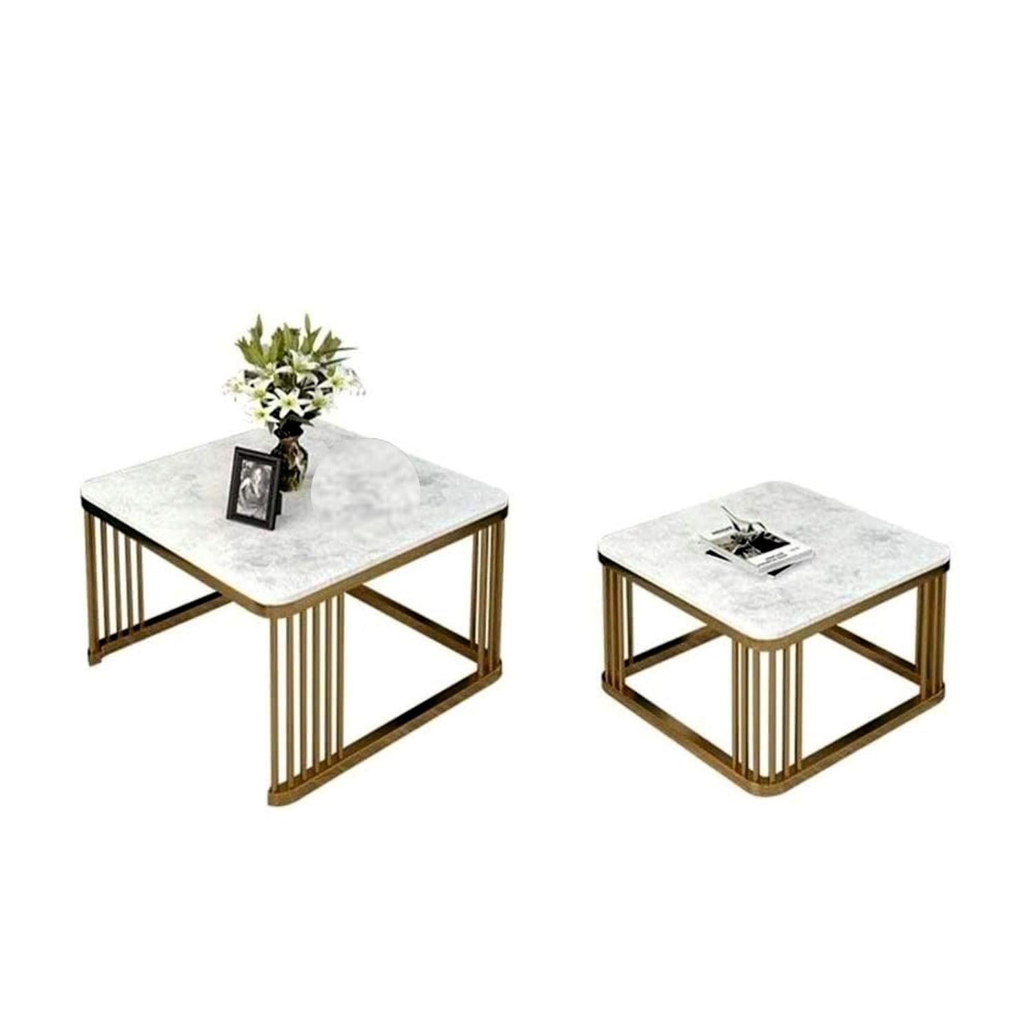 Nesting - Iron Frame Handmade Square 20"x20" Coffee Table/Nesting Table/Side Table/Center Table with Marble MDF White Top for Living Room/Drawing Room/Balcony Gold (White) (Set of 2)