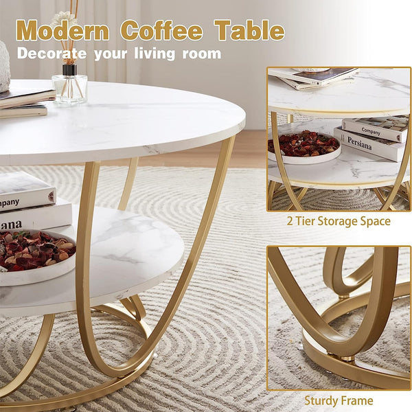 Gyro - Round Coffee Table Modern Sofa Side Table for Living Room End Table Telephone Table with 2 Shelf Storage Wooden Tabletop Teapoy -Marble White Print with Gold Frame.