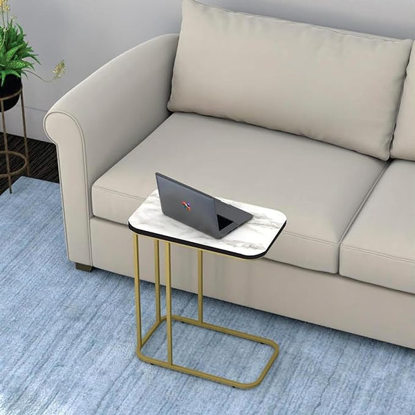Elegant - Metal Side Table for Living Room, Sofa Side Table | Wooden Night Stand Table for Bedroom Furniture | Coffee Table with Golden Legs Home Decor (Golden & White)