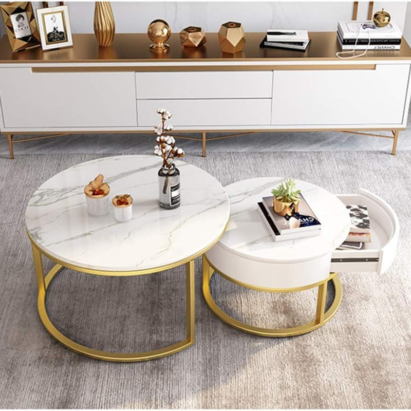 Chile - Modern Round Coffee Table Marbled Laminated Stacking Tea Table Set of 2 Center Table with 1 Drawer Storage for Living Room Bedroom (Gold and White)