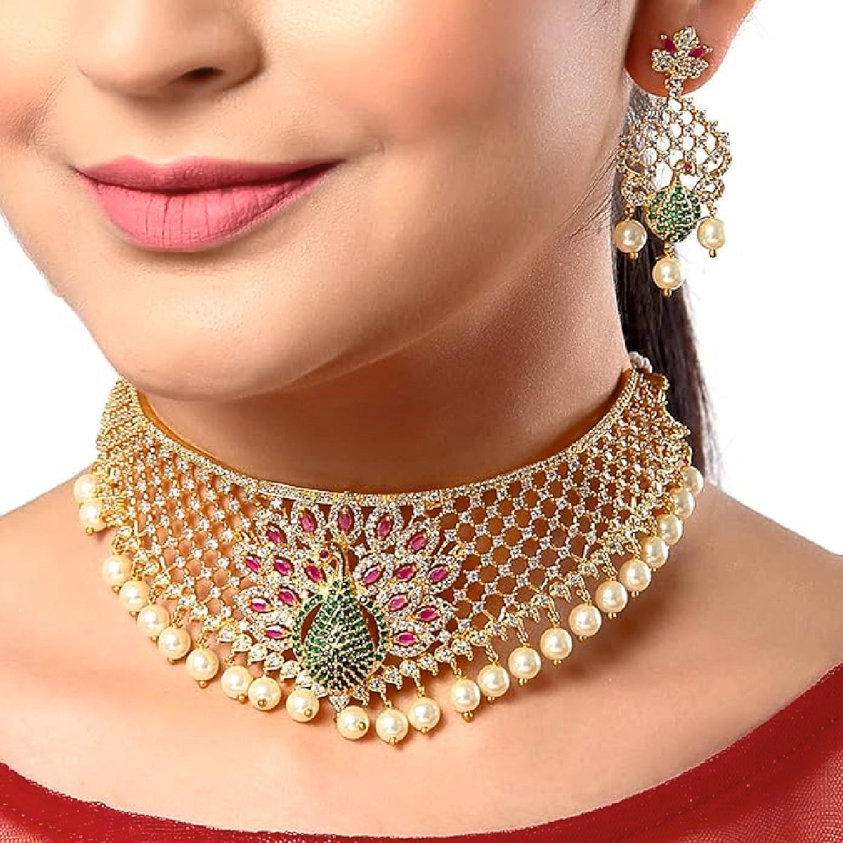Enigmatic Elegance Gold Plated White & Red American Diamond Studded With Drop Pearl Beaded Jewellery Set For Women & Girl