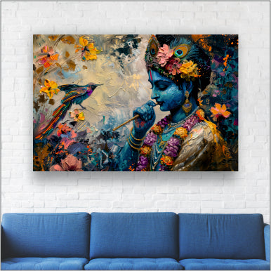 Colourful Lord Krishna with Flute - Canvas Wall Painting