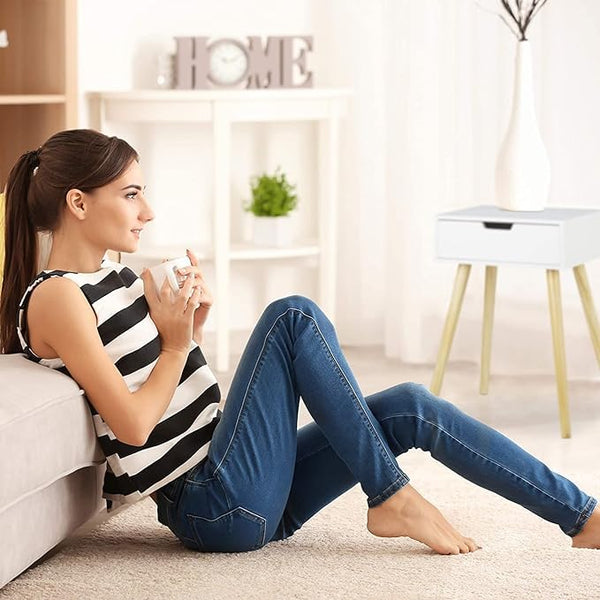Drawer Nightstands End Side Table with Drawer and Solid Wood Legs, Bedside Table for Bedrooms, Mid-Century Modern Drawer Storage Cabinet for Living Room Furniture (White)