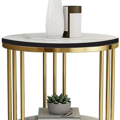 Cylindrical - Metal Double Top Side Table, End Table for Living Room Coffee Snack Table for for Living Room Bedroom | Night Stand Table for Bedroom Furniture (Golden & White)