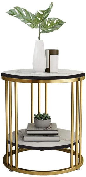 Cylindrical - Metal Double Top Side Table, End Table for Living Room Coffee Snack Table for for Living Room Bedroom | Night Stand Table for Bedroom Furniture (Golden & White)