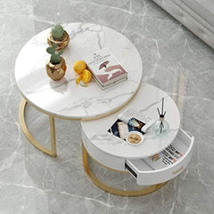 Chile - Modern Round Coffee Table Marbled Laminated Stacking Tea Table Set of 2 Center Table with 1 Drawer Storage for Living Room Bedroom (Gold and White)