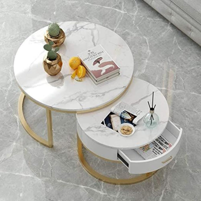 Chile - Modern Round Coffee Table Marbled Laminated Stacking Tea Table Set of 2 Center Table with 1 Drawer Storage for Living Room Bedroom (Gold and White)