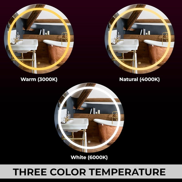 Round LED Wall Mirror for Bathroom,Wash Basin Mirror 3 LED Lights (Warm,White,Natural White, Size 24x24 Inch, Framed)