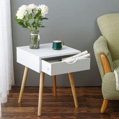 Drawer Nightstands End Side Table with Drawer and Solid Wood Legs, Bedside Table for Bedrooms, Mid-Century Modern Drawer Storage Cabinet for Living Room Furniture (White)