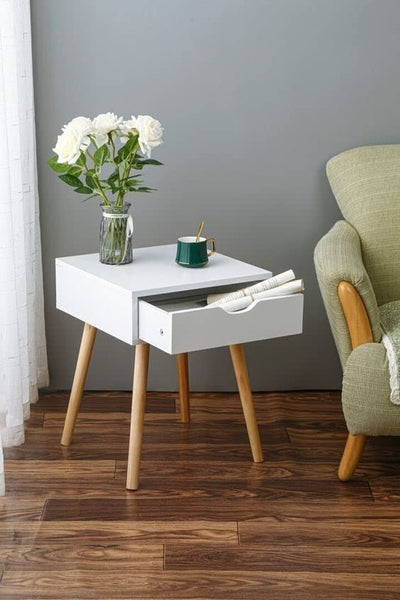 Drawer Nightstands End Side Table with Drawer and Solid Wood Legs, Bedside Table for Bedrooms, Mid-Century Modern Drawer Storage Cabinet for Living Room Furniture (White)