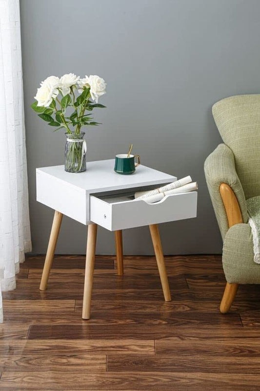 Drawer Nightstands End Side Table with Drawer and Solid Wood Legs, Bedside Table for Bedrooms, Mid-Century Modern Drawer Storage Cabinet for Living Room Furniture (White)