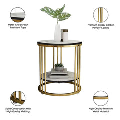 Cylindrical - Metal Double Top Side Table, End Table for Living Room Coffee Snack Table for for Living Room Bedroom | Night Stand Table for Bedroom Furniture (Golden & White)