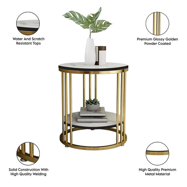 Cylindrical - Metal Double Top Side Table, End Table for Living Room Coffee Snack Table for for Living Room Bedroom | Night Stand Table for Bedroom Furniture (Golden & White)