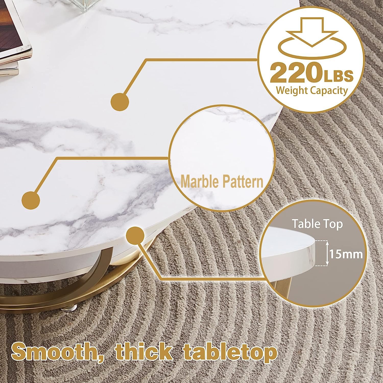 Gyro - Round Coffee Table Modern Sofa Side Table for Living Room End Table Telephone Table with 2 Shelf Storage Wooden Tabletop Teapoy -Marble White Print with Gold Frame.