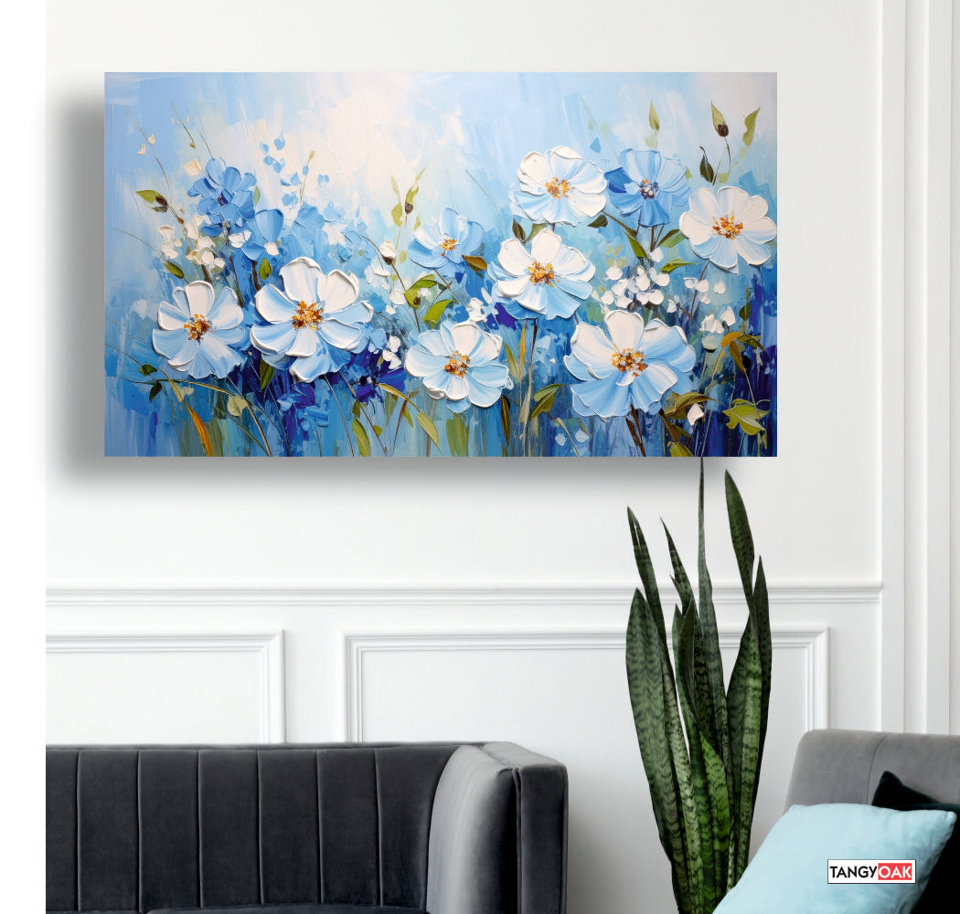 Blue and White Pastel Flower - Canvas Wall Painting Frame