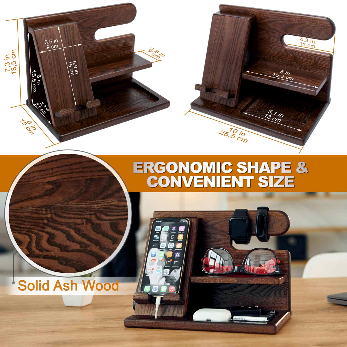 Multifunctional Wooden Desk Organizer with Docking Stand