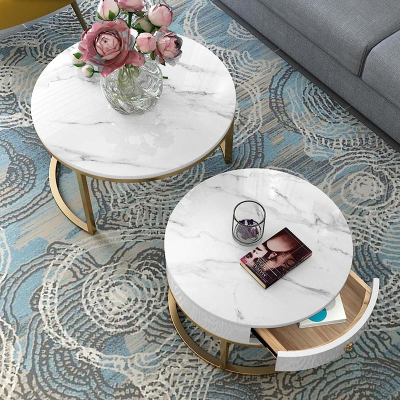 Chile - Modern Round Coffee Table Marbled Laminated Stacking Tea Table Set of 2 Center Table with 1 Drawer Storage for Living Room Bedroom (Gold and White)
