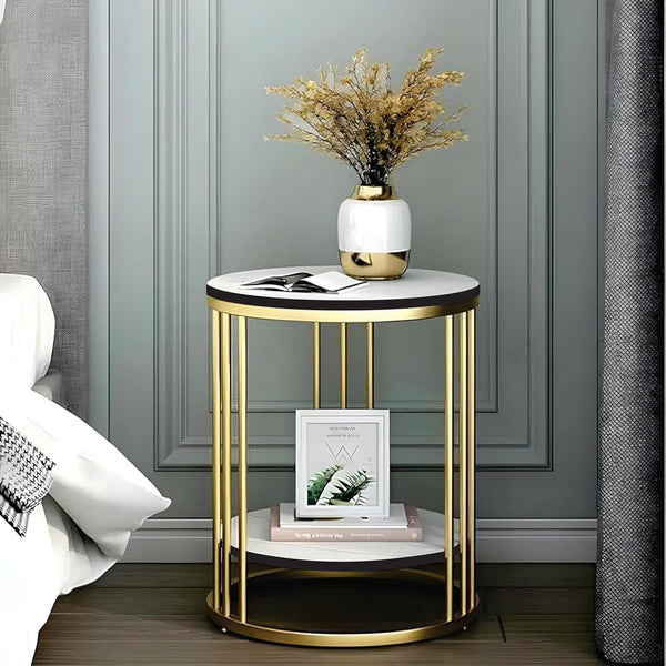 Cylindrical - Metal Double Top Side Table, End Table for Living Room Coffee Snack Table for for Living Room Bedroom | Night Stand Table for Bedroom Furniture (Golden & White)
