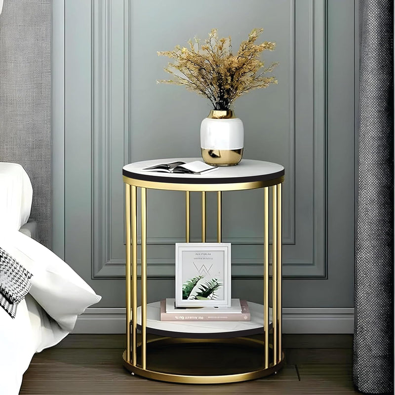 Cylindrical - Metal Double Top Side Table, End Table for Living Room Coffee Snack Table for for Living Room Bedroom | Night Stand Table for Bedroom Furniture (Golden & White)