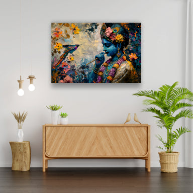Colourful Lord Krishna with Flute - Canvas Wall Painting
